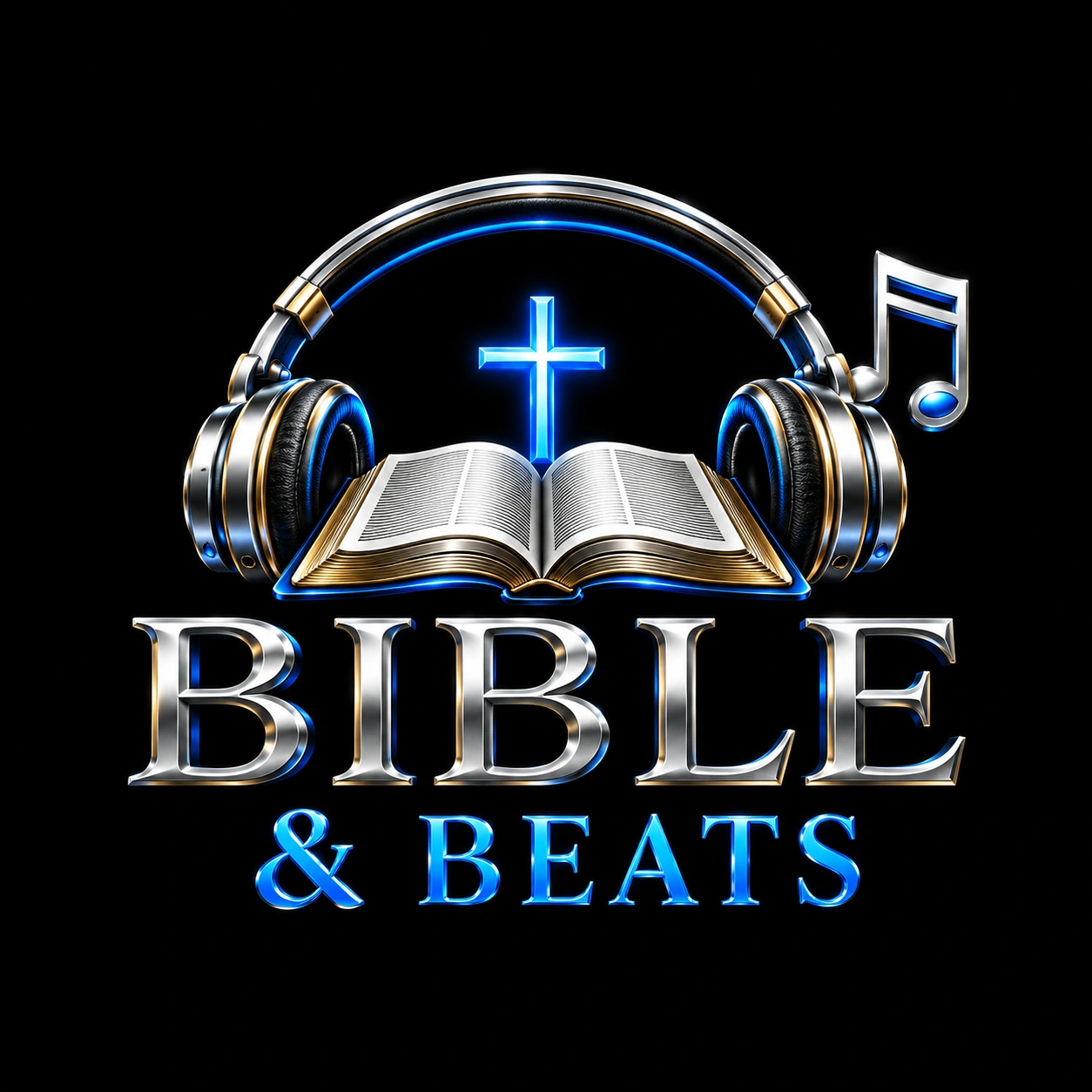 Bible and Beats open Bible, headphones, and blue cross identity