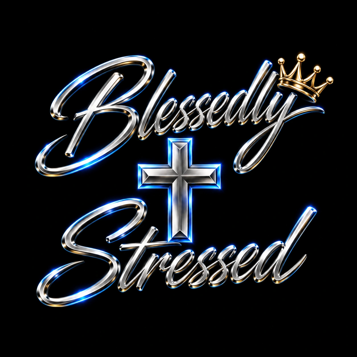 Blessedly Stressed crowned cross and script identity